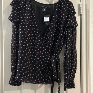 Club Monaco Black and Pink Floral Wrap Blouse